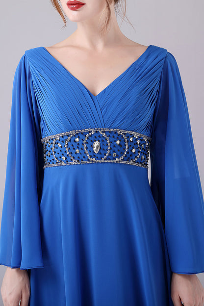 Royal Blue A-Line V-Neck Pleated Floor-Length Mother Of the Bride Dress With Beading