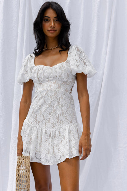 Petite Cherie Puff Sleeve Lace-Up Back Dress Lace White