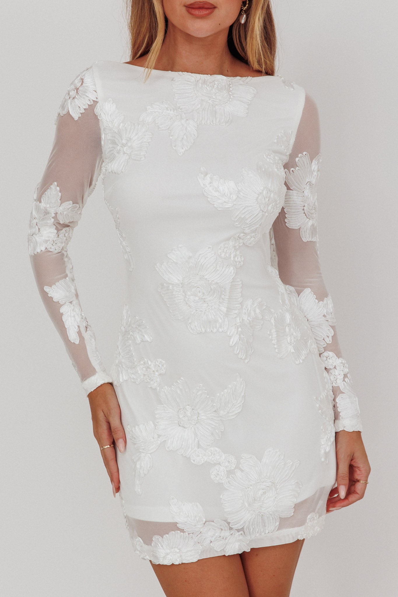 Karma Long Sleeve Scoop Back Dress Embellished White