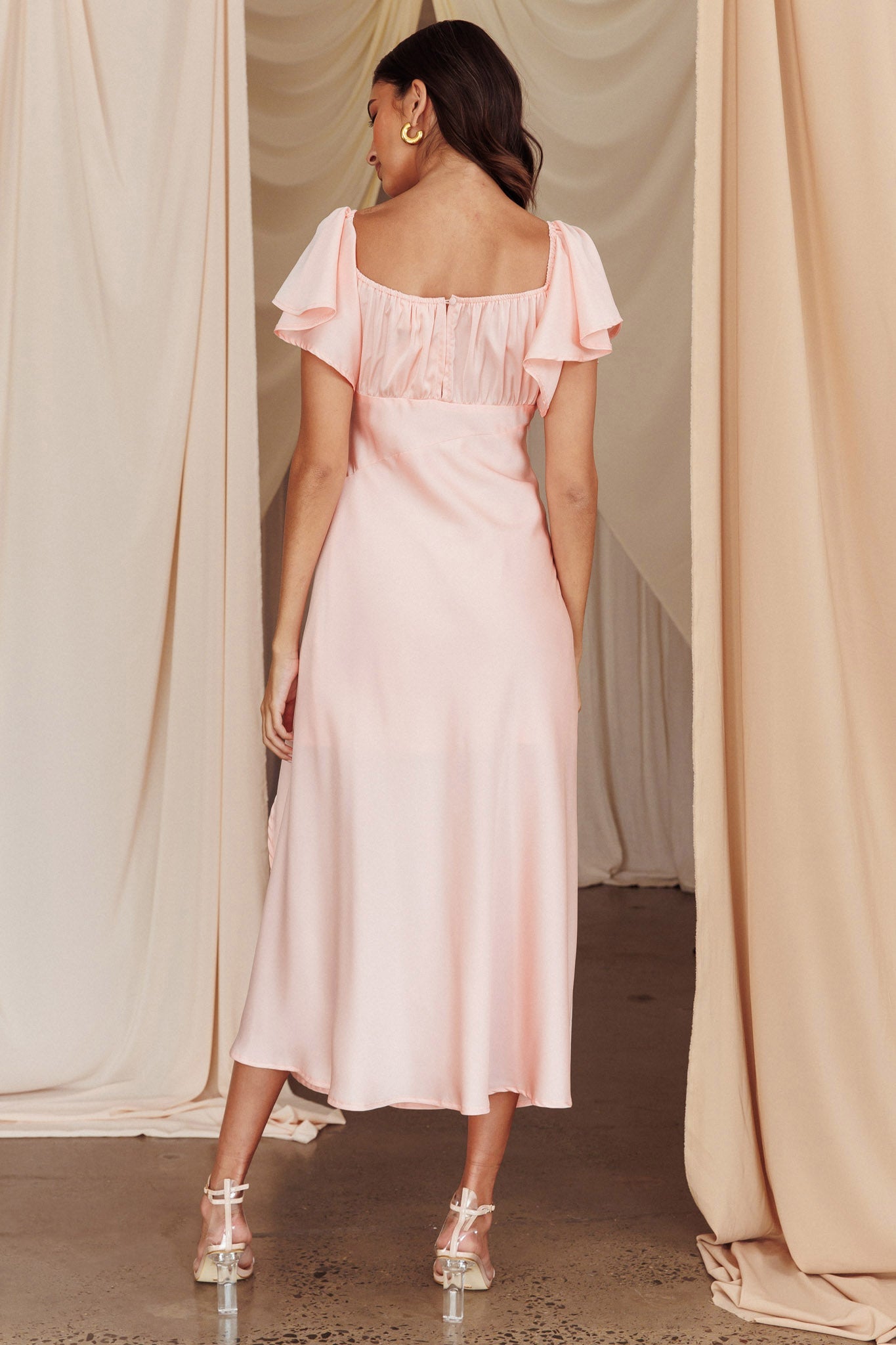 Park Avenue Flutter Sleeve Side Split Midi Dress Blush