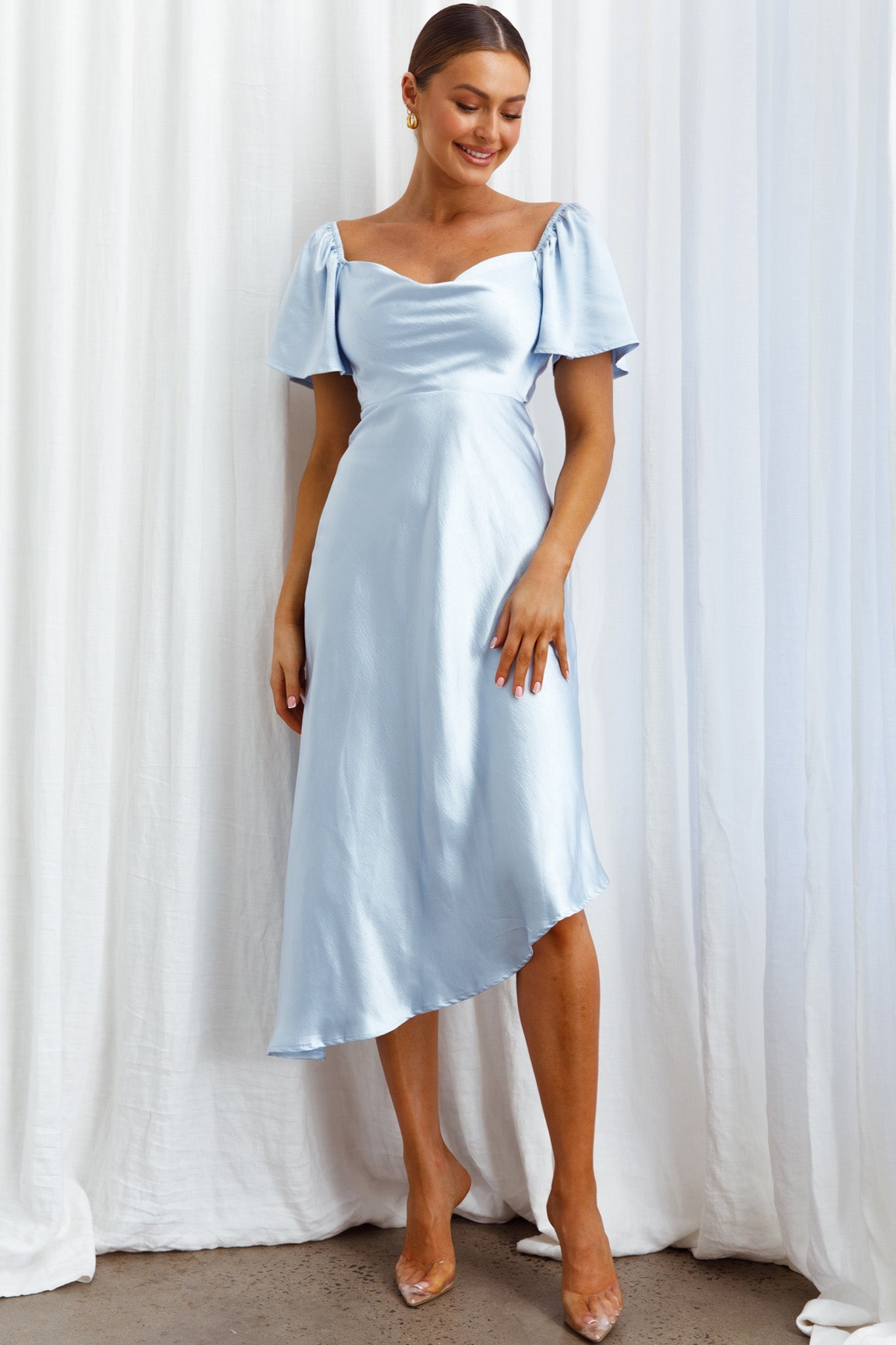 Grayson Tied Back Asymmetrical Midi Dress Steel Blue