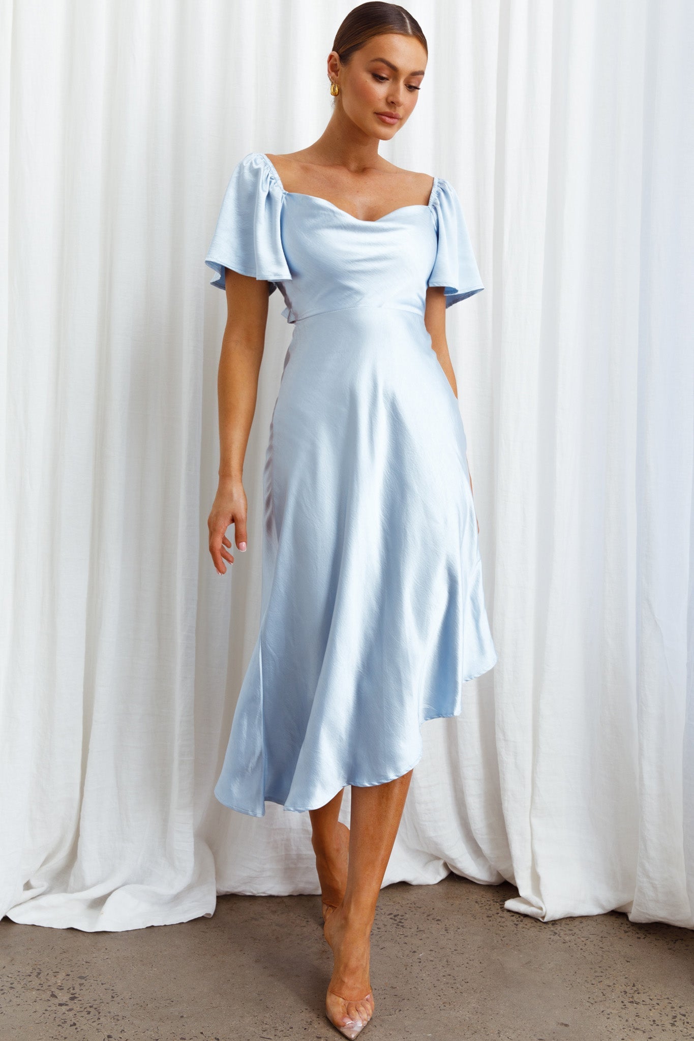 Grayson Tied Back Asymmetrical Midi Dress Steel Blue