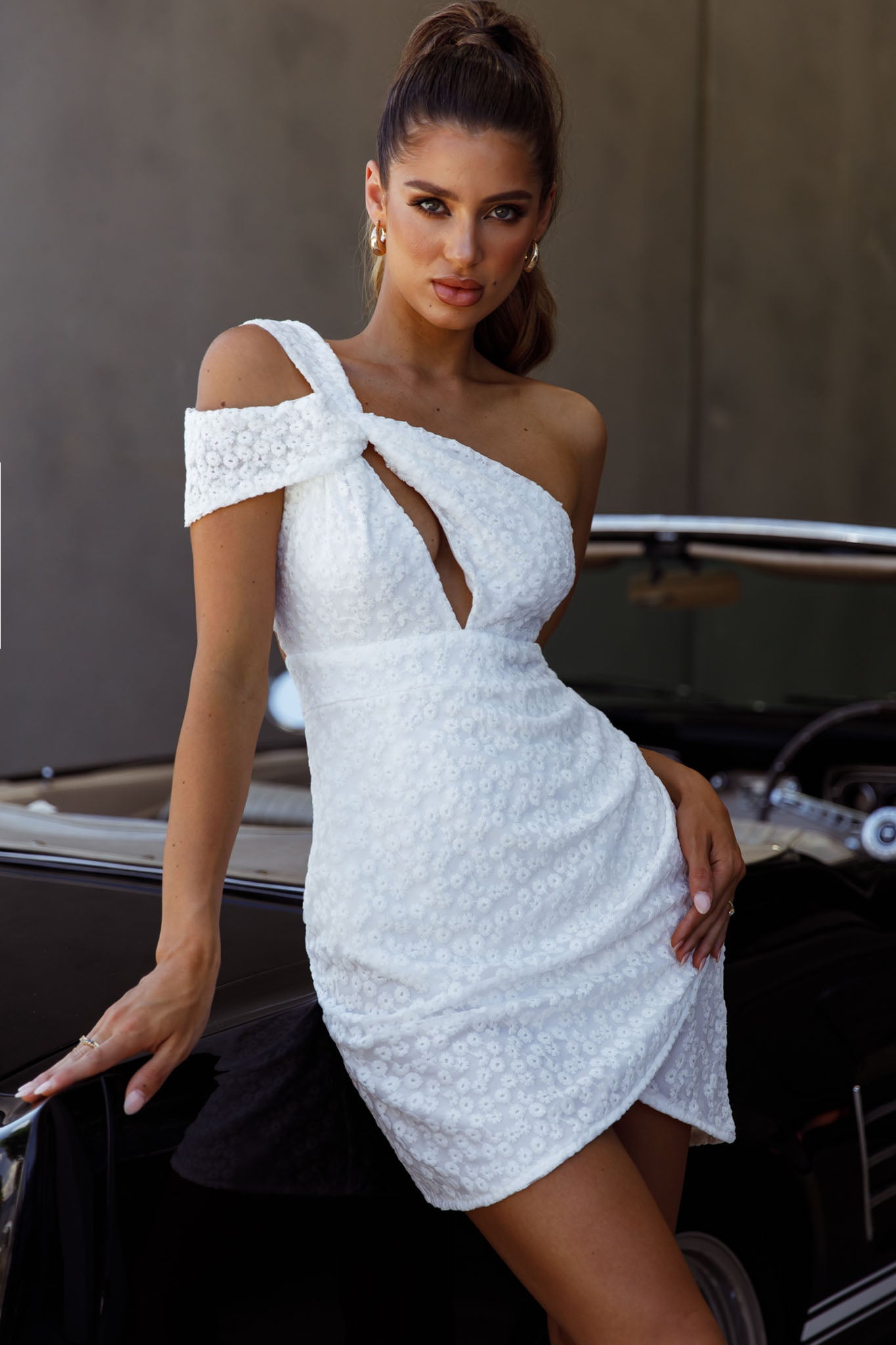 Sing Your Praises One-Shoulder Keyhole Bust Embroidery Mini Dress White