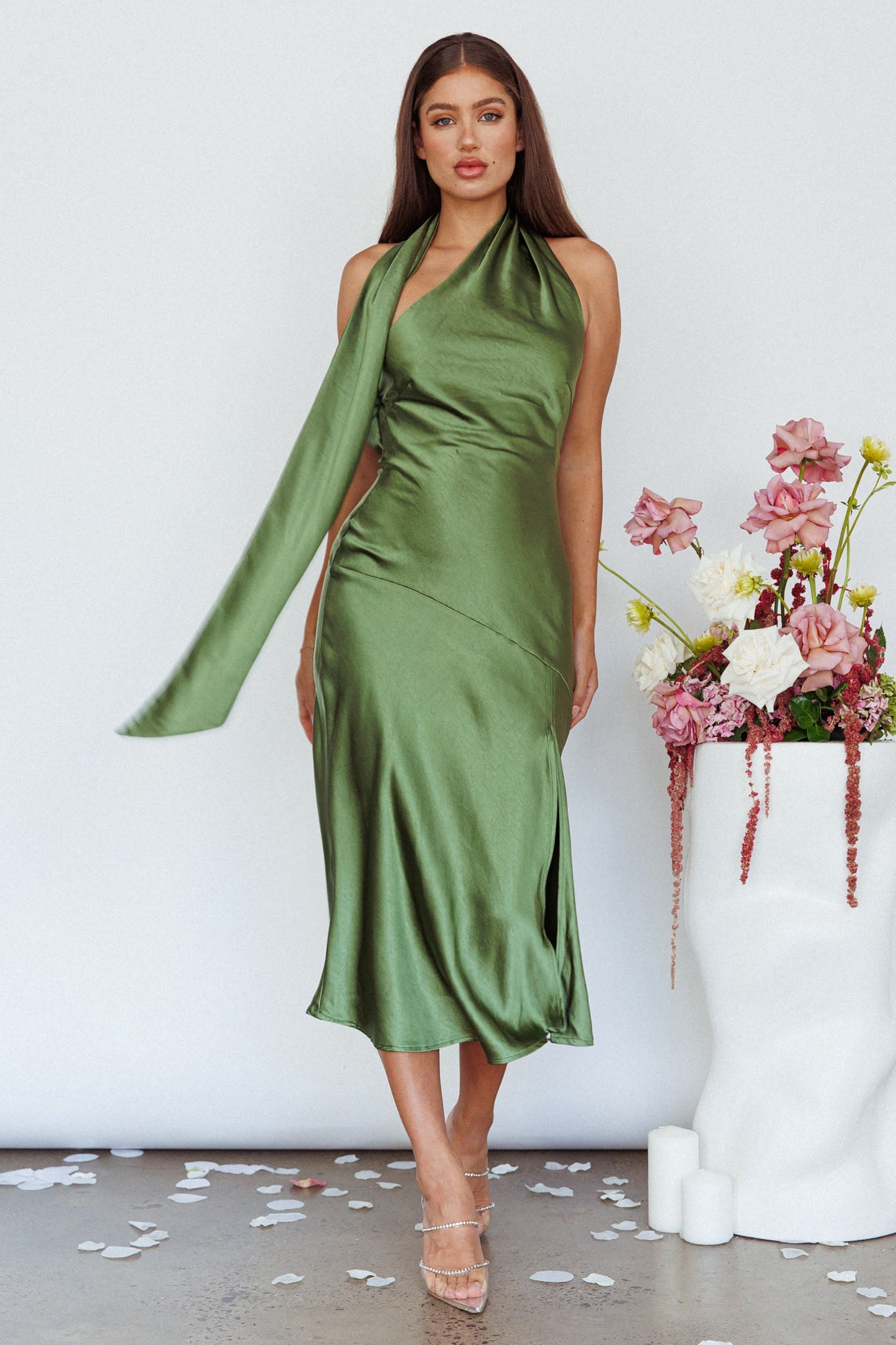 Italian Summer Tie Neck Midi Dress Olive