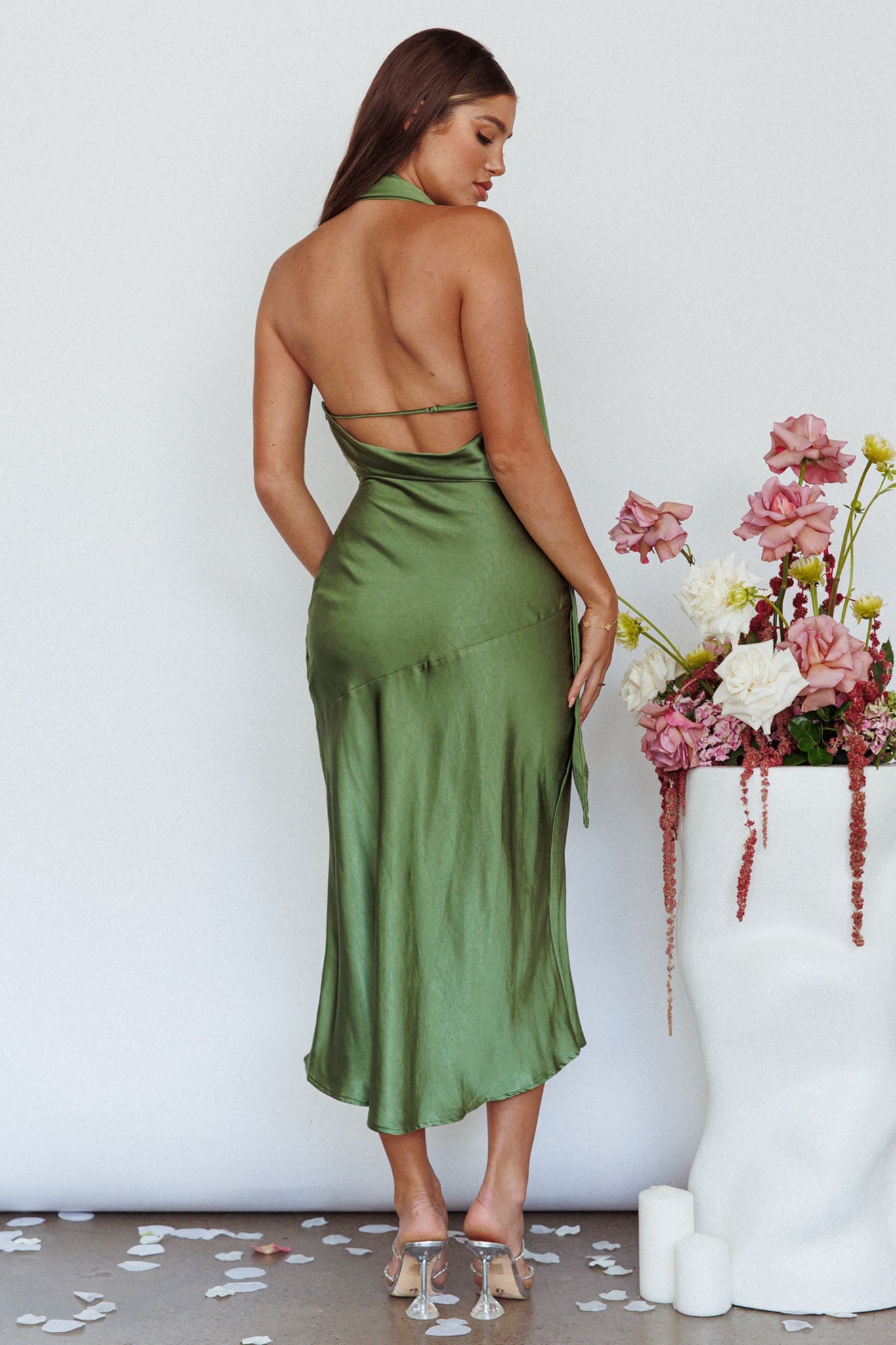 Italian Summer Tie Neck Midi Dress Olive