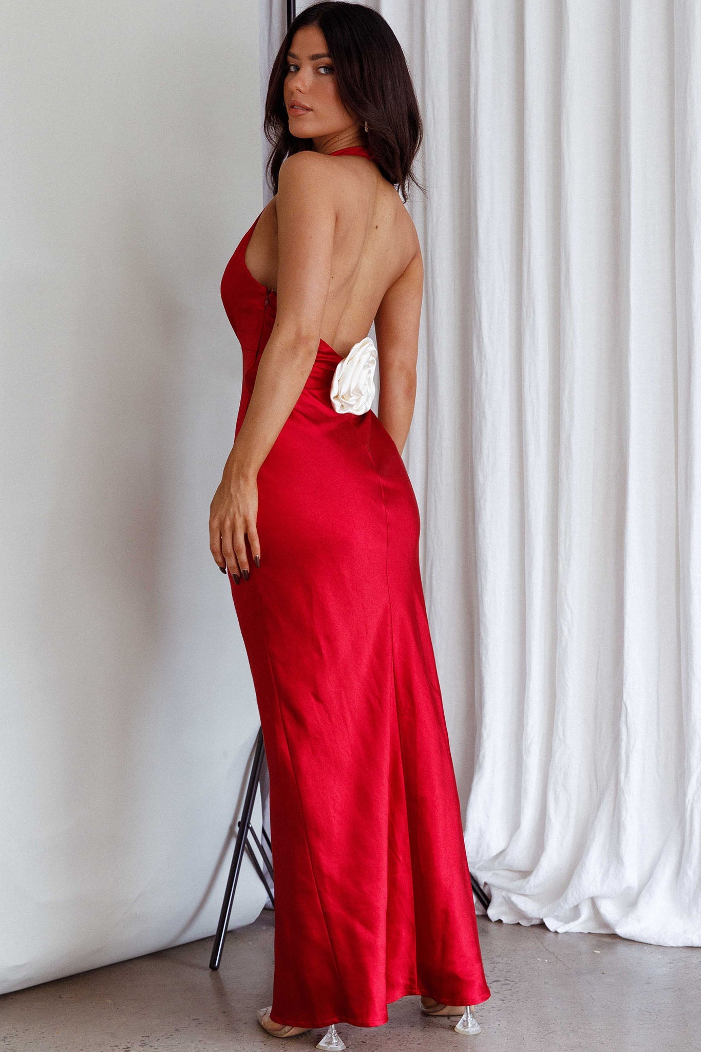 Of Your Dreams Rose Accent Halter Dress Red