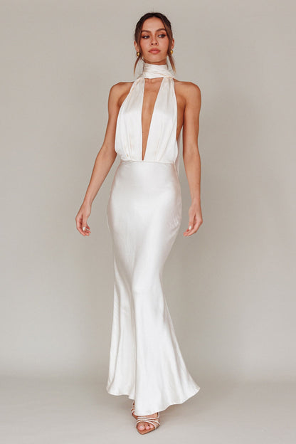 Italia Azure Halterneck Maxi Dress Oyster