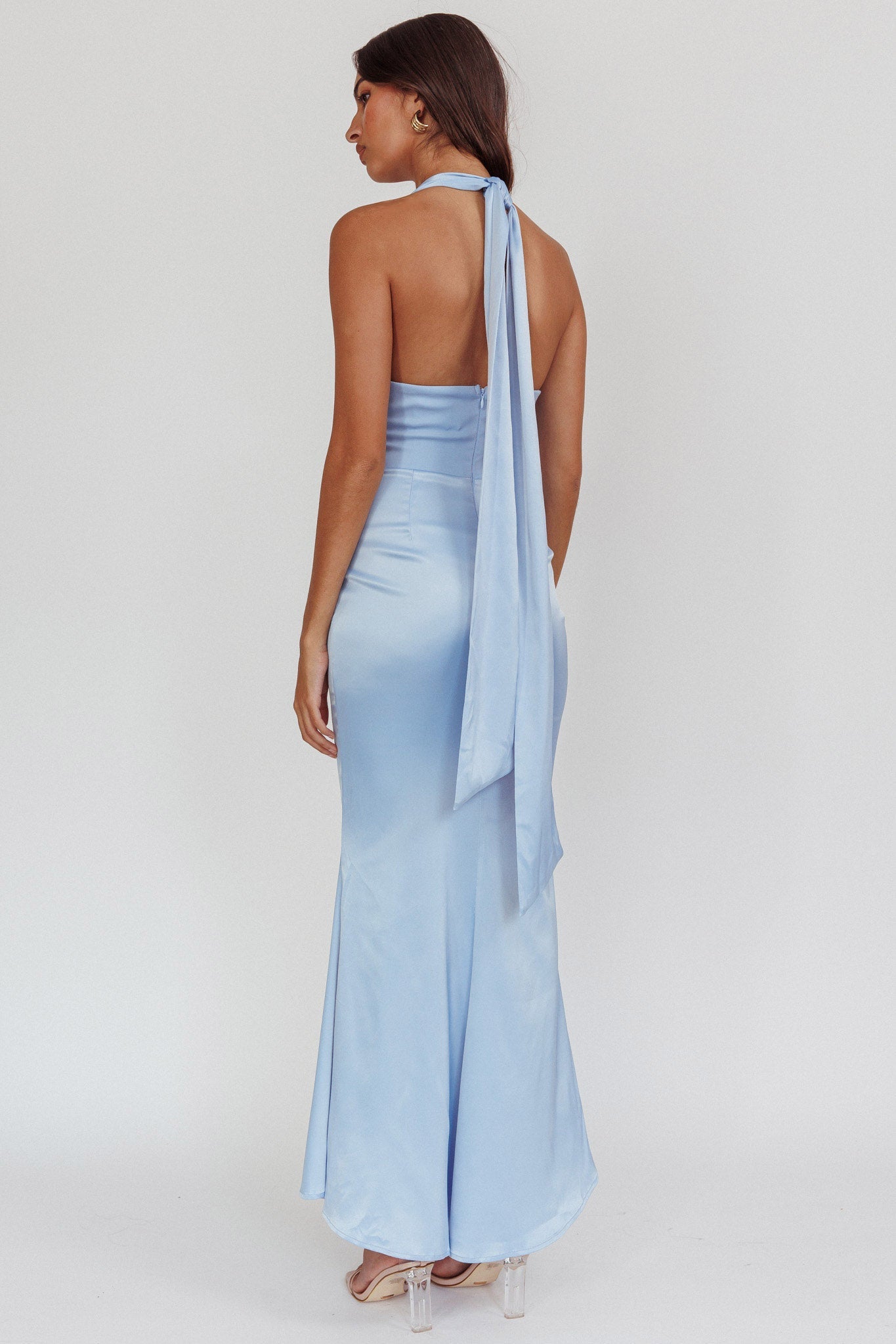 Italia Azure Pleat Bodice Halterneck Maxi Dress Light Blue