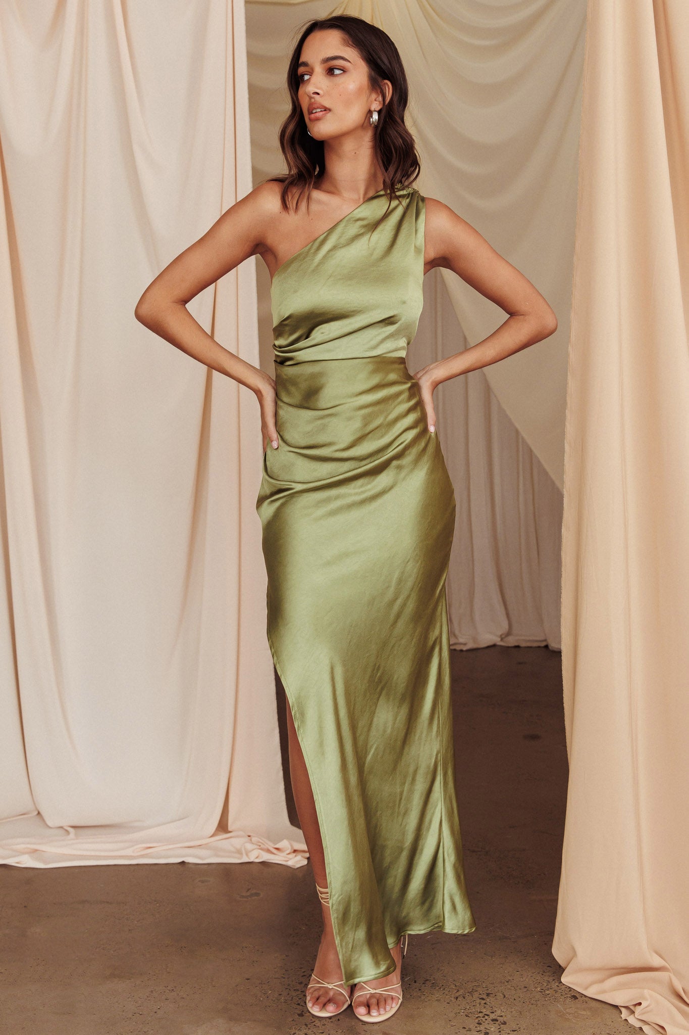 Kamillia One-Shoulder Split Maxi Dress Olive