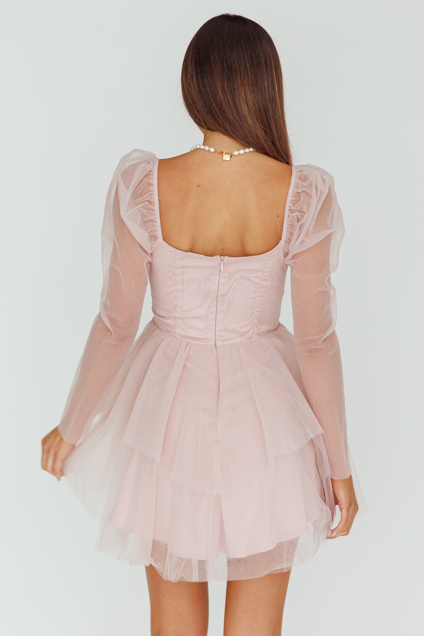 Veola Long Sleeve Tulle Mini Dress Blush