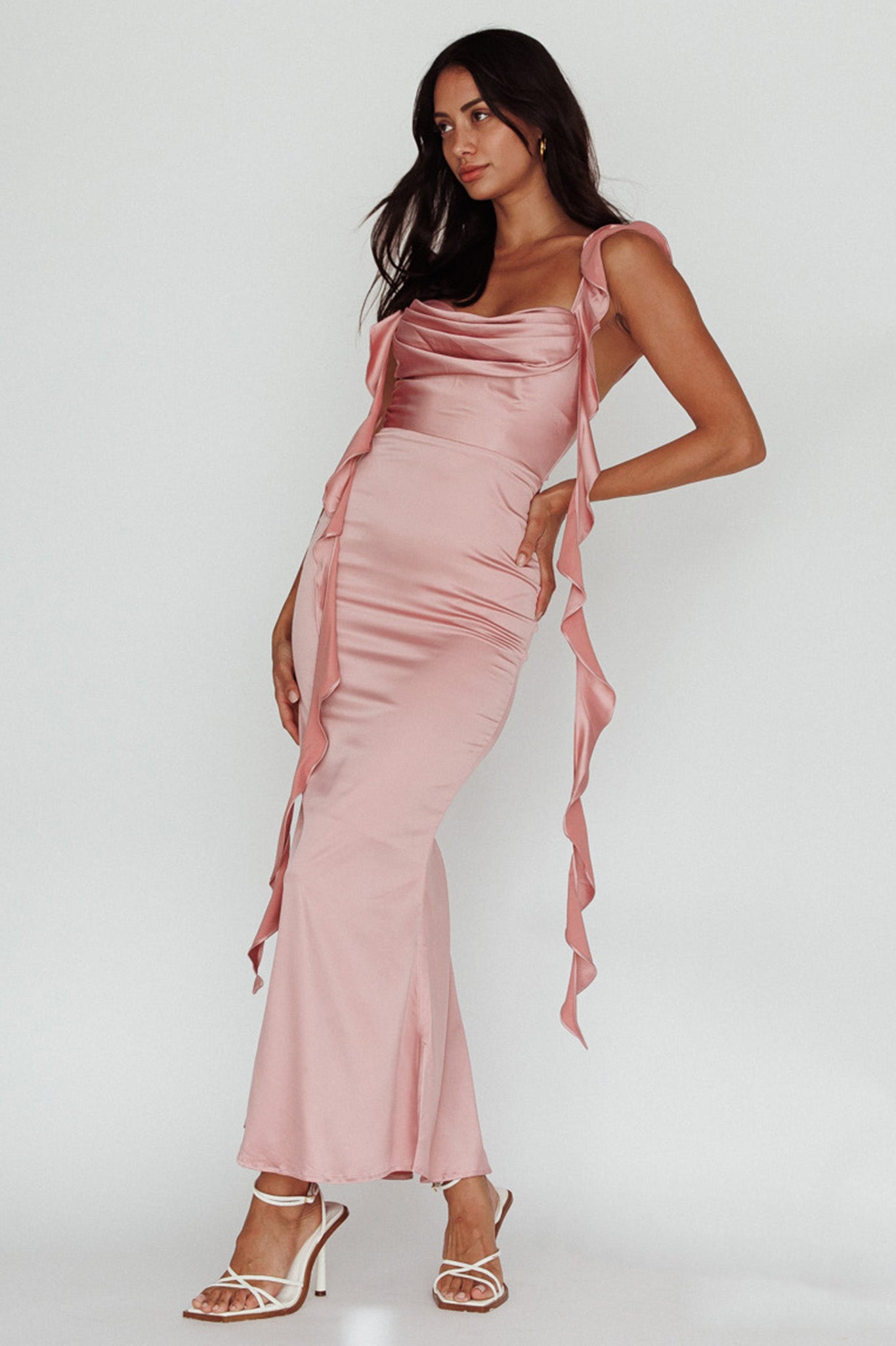 Blushing Ruffle Trim Midi Dress Mauve