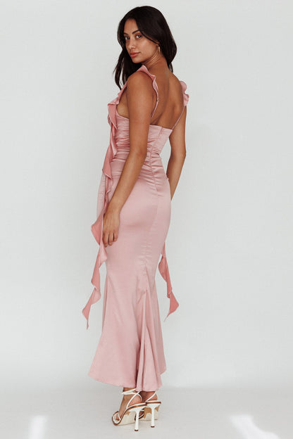 Blushing Ruffle Trim Midi Dress Mauve