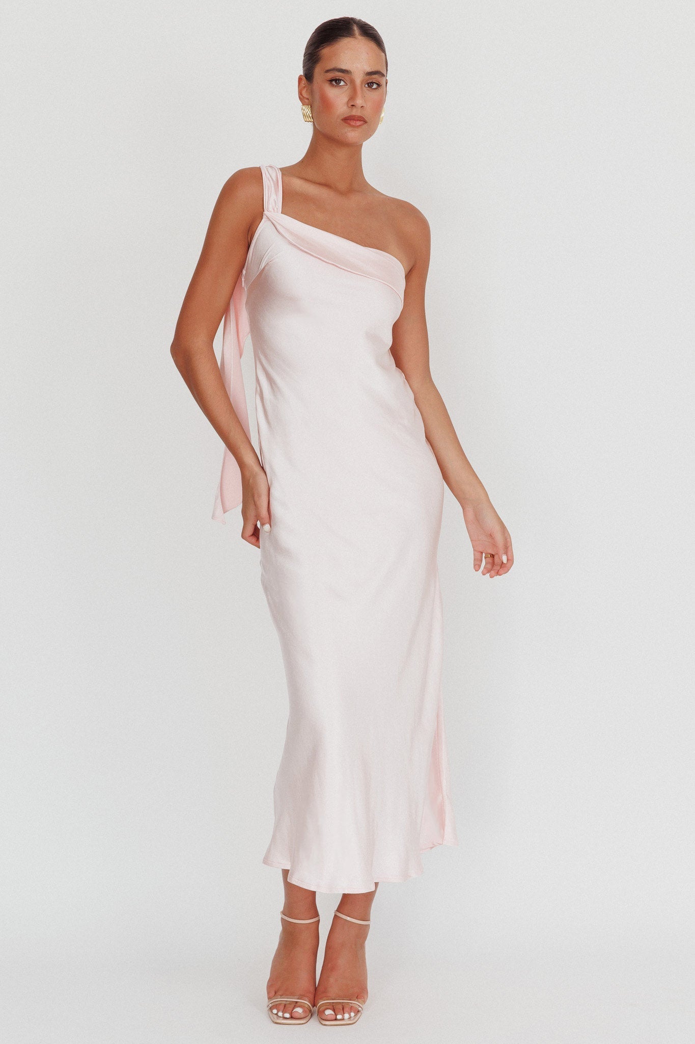 Carmel One-Shoulder Sash Maxi Dress Blush