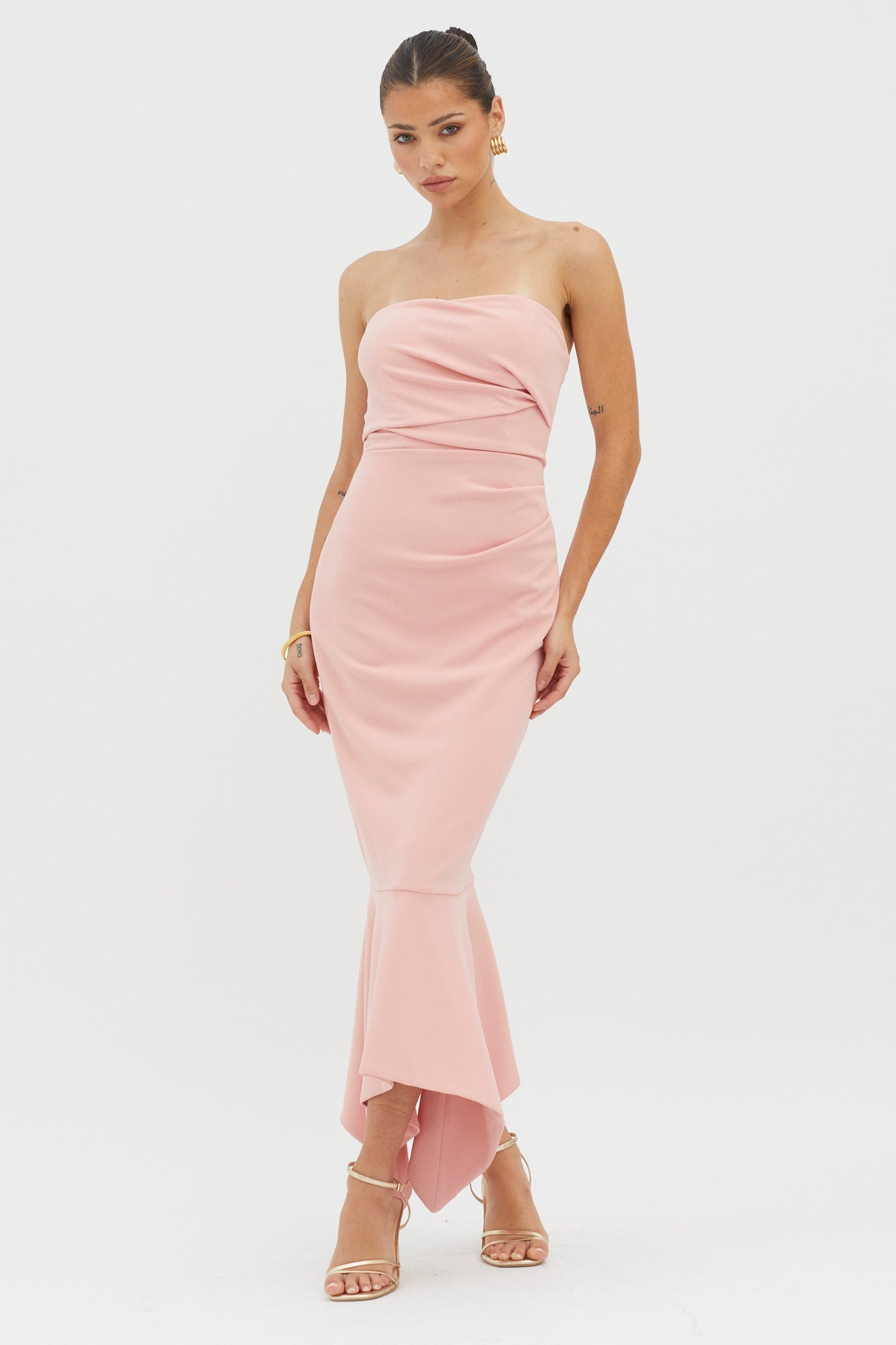 Sharona Strapless Gathered Midi Dress Blush