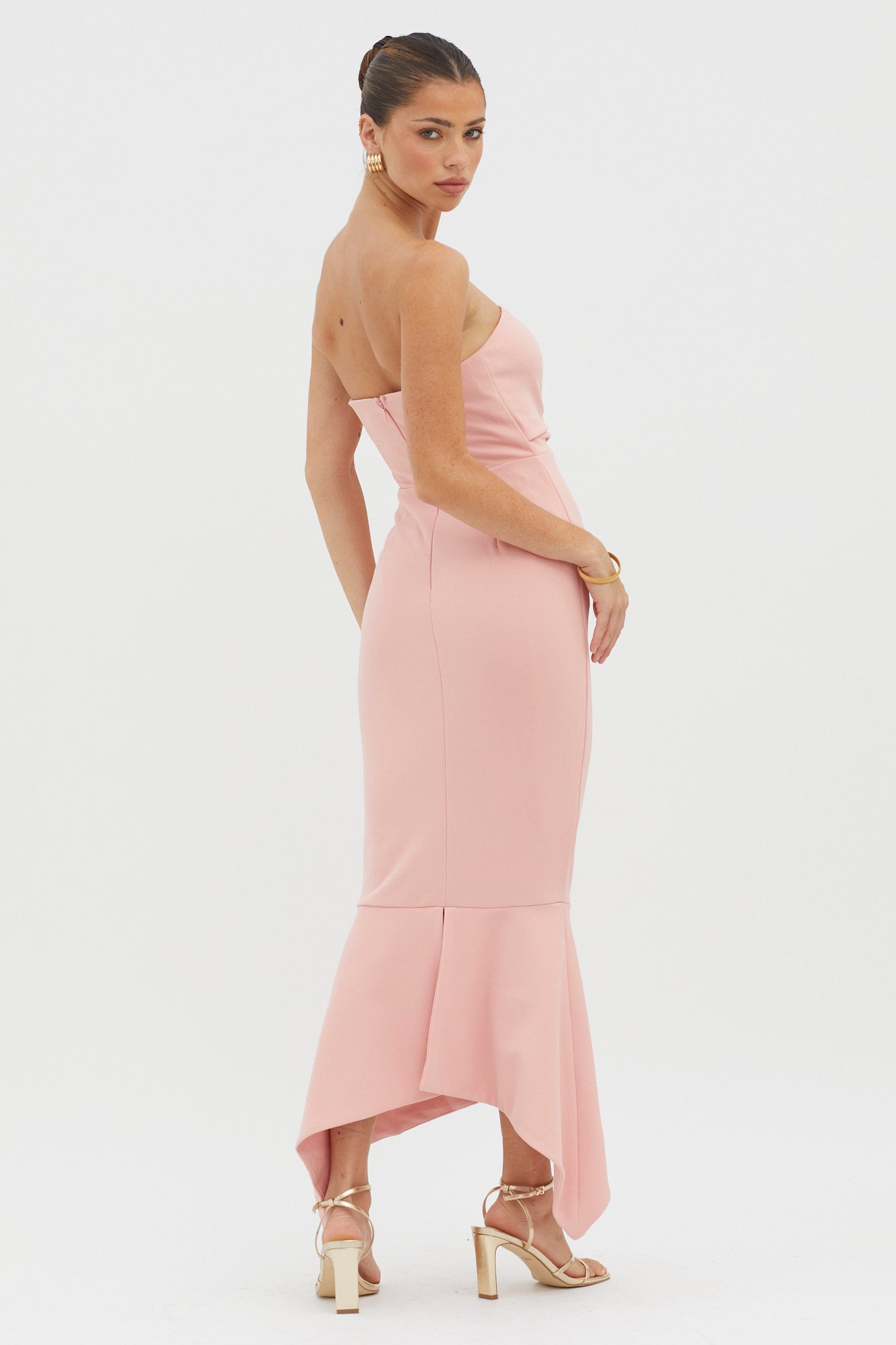 Sharona Strapless Gathered Midi Dress Blush