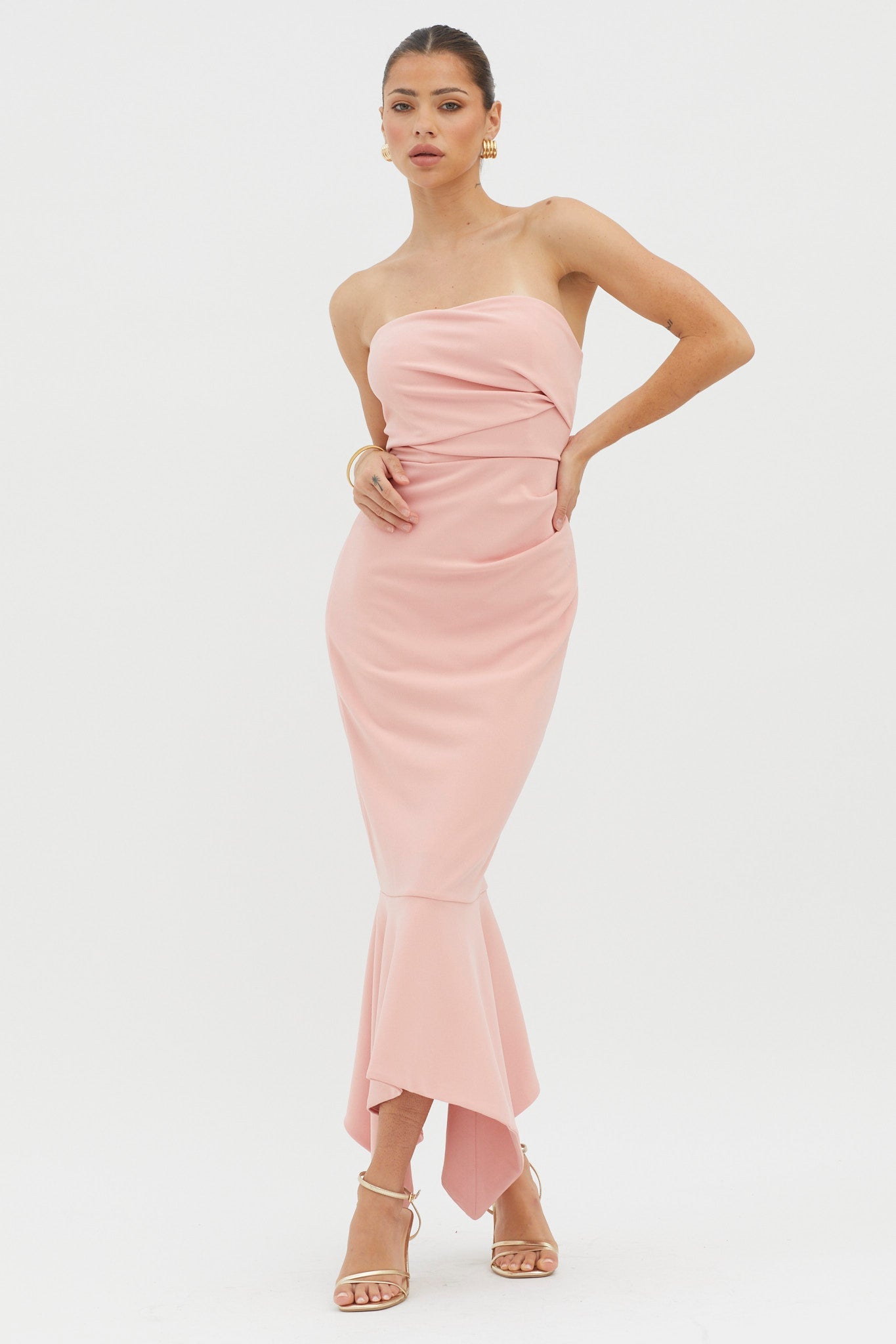 Sharona Strapless Gathered Midi Dress Blush