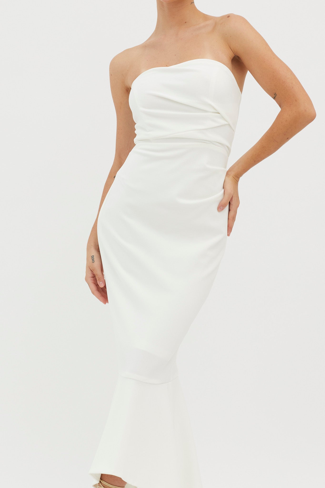 Sharona Strapless Gathered Midi Dress White