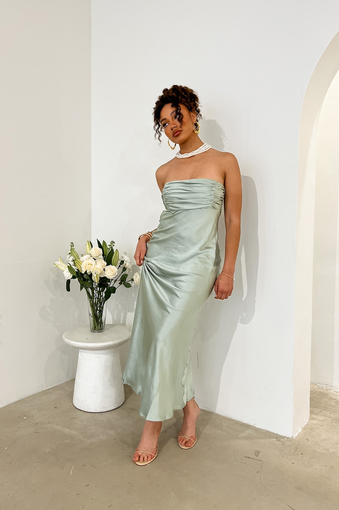 Moon Song Strapless Laced Back Dress Matcha