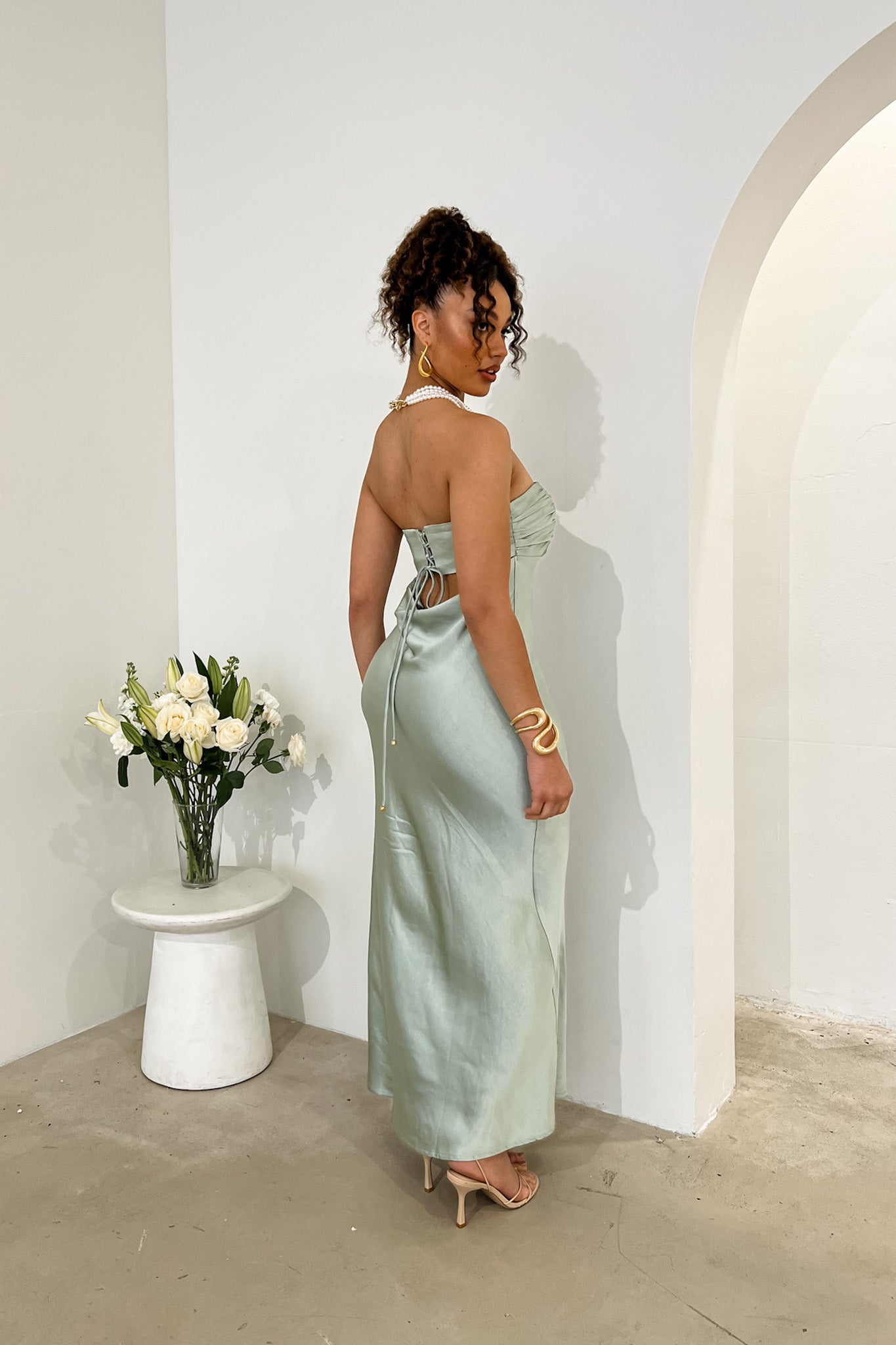 Moon Song Strapless Laced Back Dress Matcha