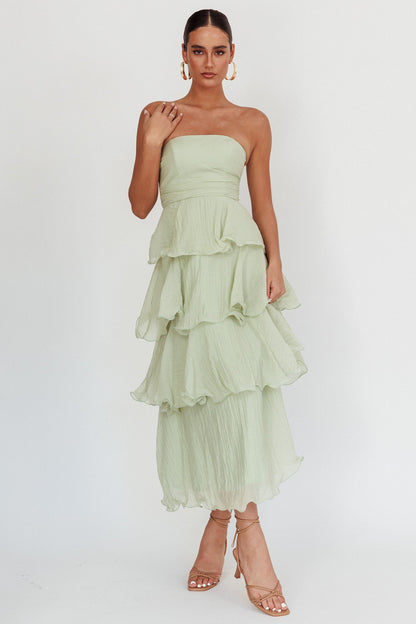Giavana Strapless Layered Midi Dress Sage