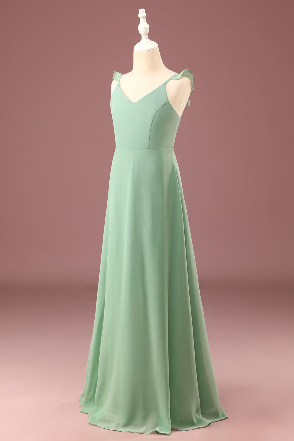 A-line Long Chiffon Matcha V-neck Spaghetti Straps Junior Bridesmaid Dress