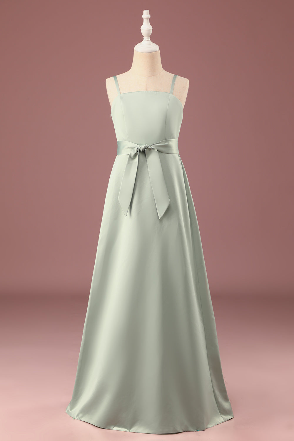 Matcha A-line Satin Spaghetti Straps Long Junior Bridesmaid Dress