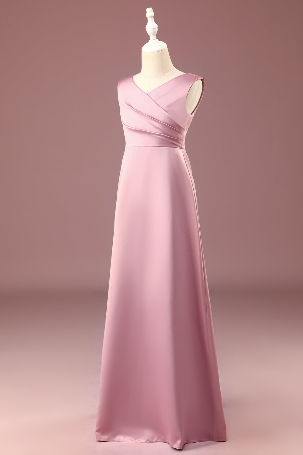 Dusty Rose Satin A-line Pleated V-neck Long Junior Bridesmaid Dress