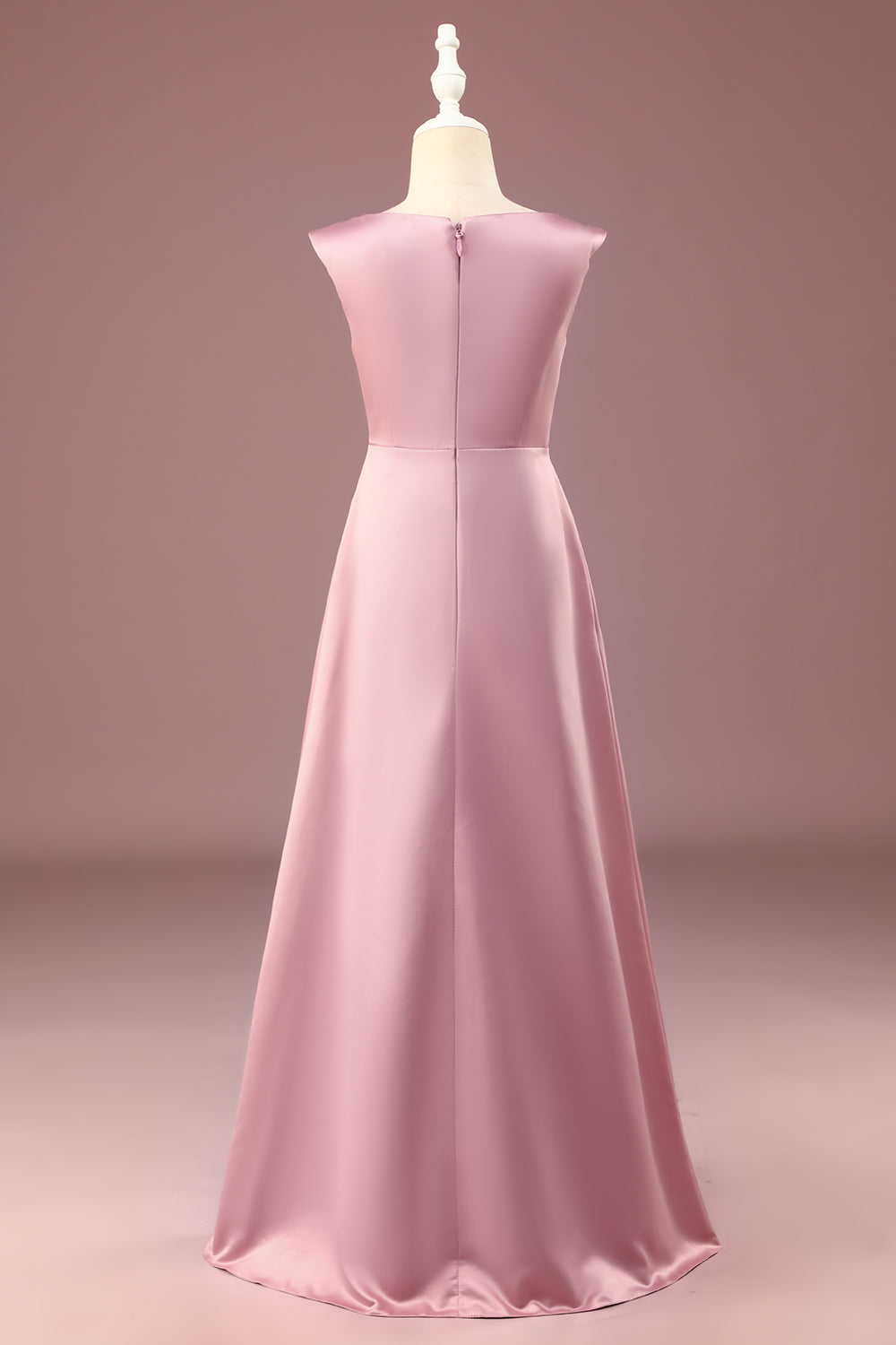 Dusty Rose Satin A-line Pleated V-neck Long Junior Bridesmaid Dress