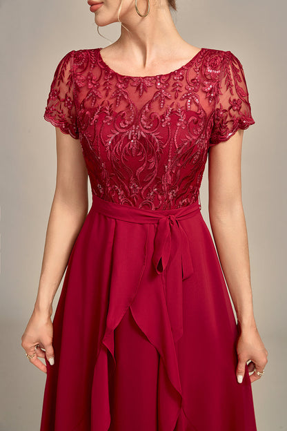 Sparkly Burgundy Asymmetrical Sequin Mother of Bride Dress with Appliques