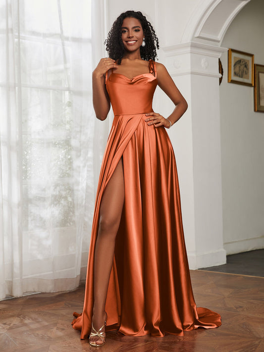 Cowl Neck A-Line Dress With Slit Rust