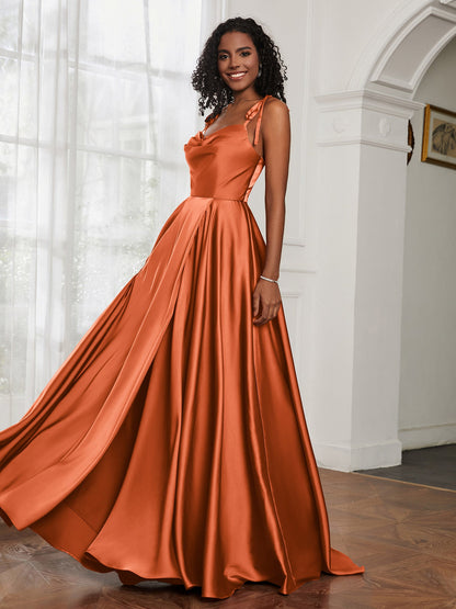 Cowl Neck A-Line Dress With Slit Rust