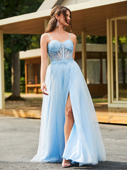 Flower Appliqued Corset Top Maxi Dress Sky Blue