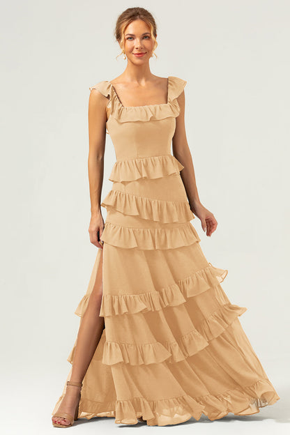 Burgundy A-Line Ruffleed Chiffon Long Bridesmaid Dress with Slit