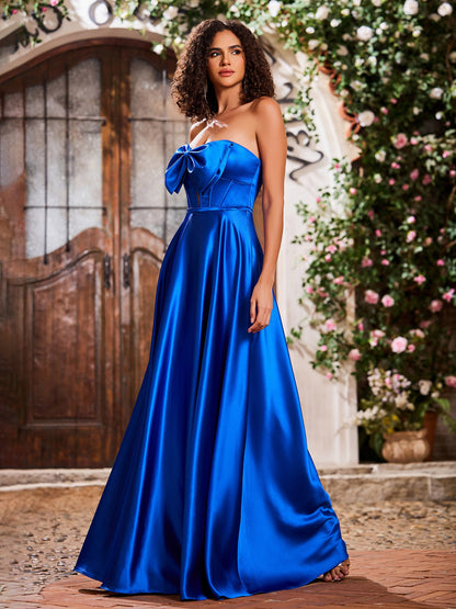 Elegant A-Line Bow Corset Strapless Floor-Length Prom Dresses Royal Blue