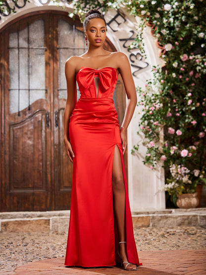 Bow Corset Strapless Sheath/Column Prom Dresses With Slit Red