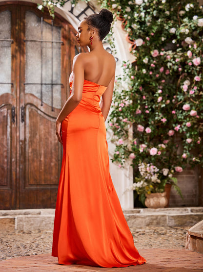 Sweetheart Acetate Satin Slit Dresses With Sweep/Brush Train Burnt Orange