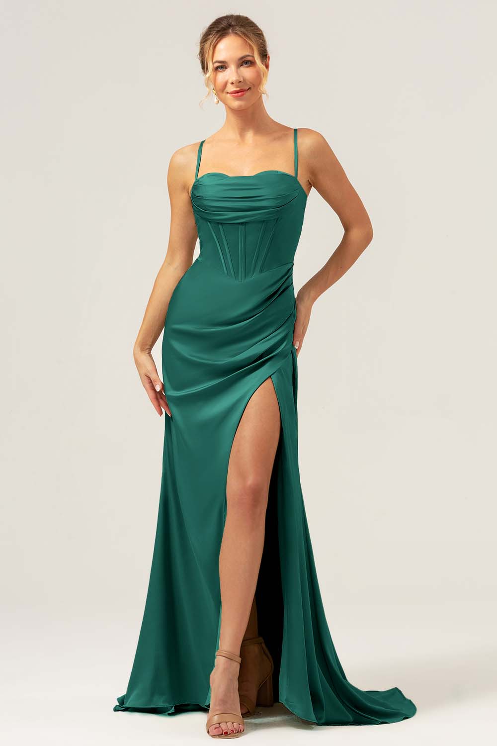 Spaghetti Straps Agave Corset Long Bridesmaid Dress with Slit