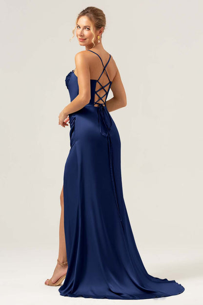 Spaghetti Straps Agave Corset Long Bridesmaid Dress with Slit