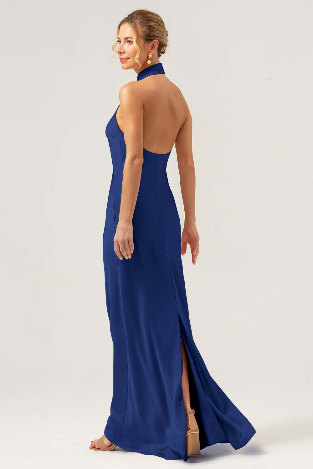 Dusty Blue Halter Long Bridesmaid Dress with Back Slit