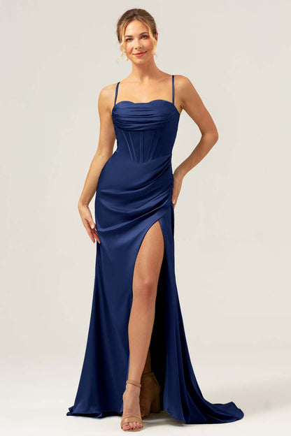 Spaghetti Straps Agave Corset Long Bridesmaid Dress with Slit