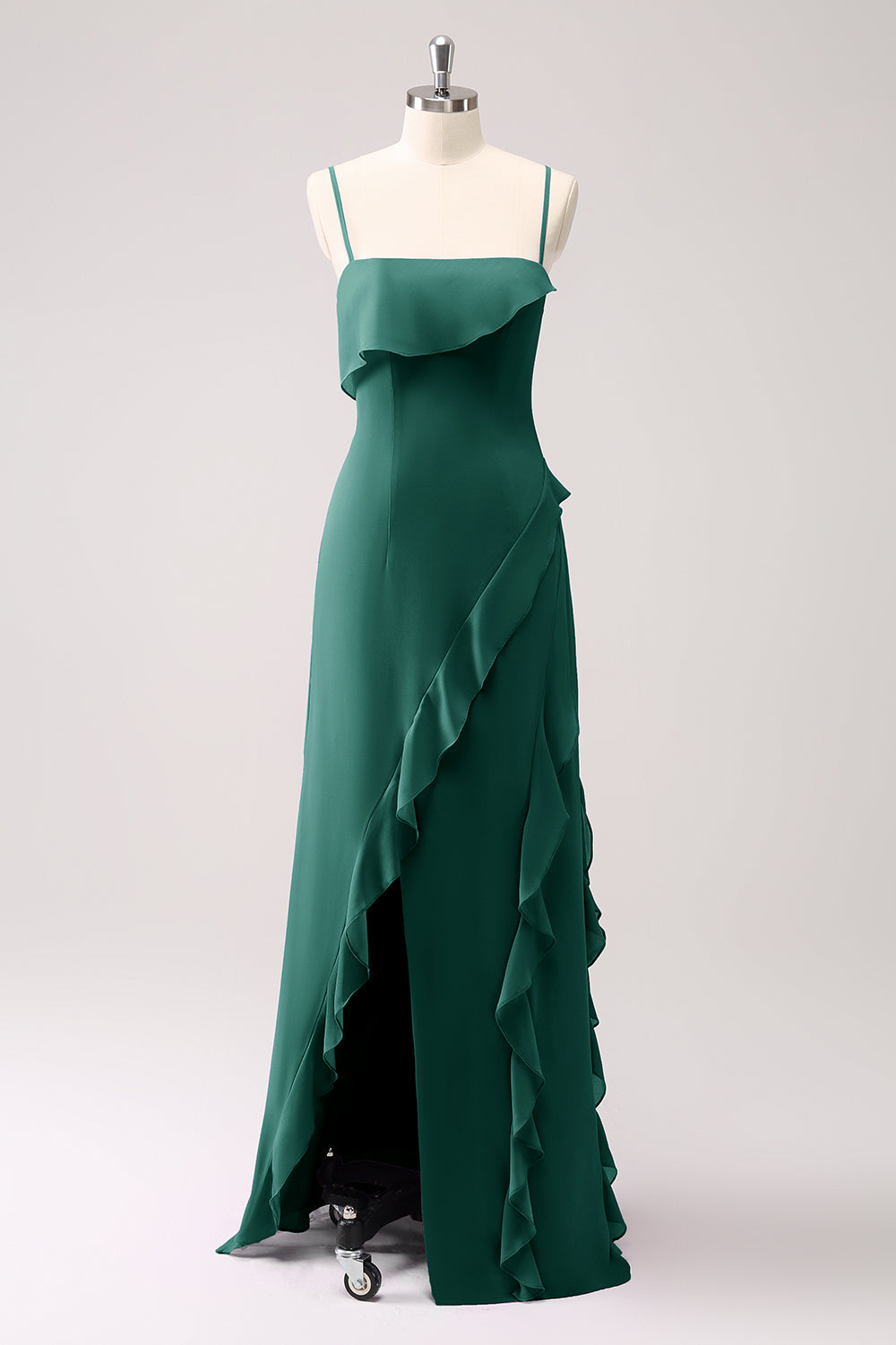 Tahiti Ruffled Spaghetti Straps Chiffon Long Bridesmaid Dress with Slit