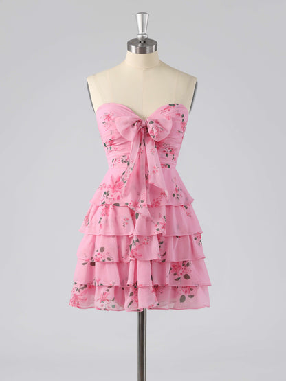 Denor Sweetheart Tiered Floral Print Short Homecoming Dress with Bow