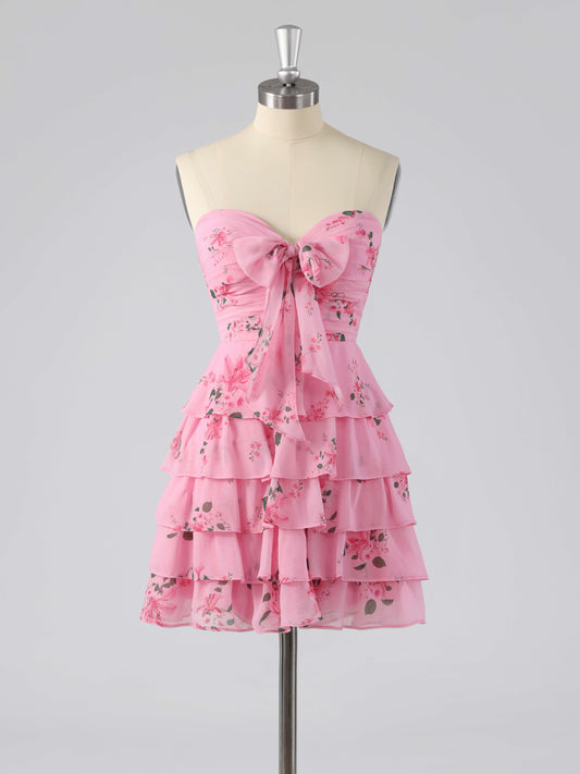 Denor Sweetheart Tiered Floral Print Short Homecoming Dress with Bow