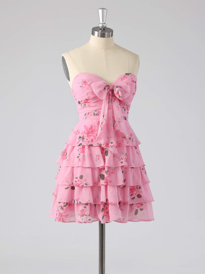 Denor Sweetheart Tiered Floral Print Short Homecoming Dress with Bow