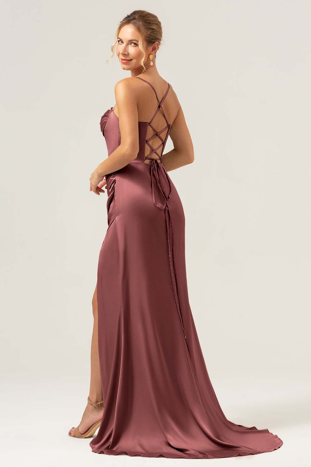 Spaghetti Straps Agave Corset Long Bridesmaid Dress with Slit