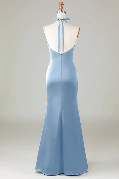 Dusty Sage Satin Sheath Halter Long Bridesmaid Dress