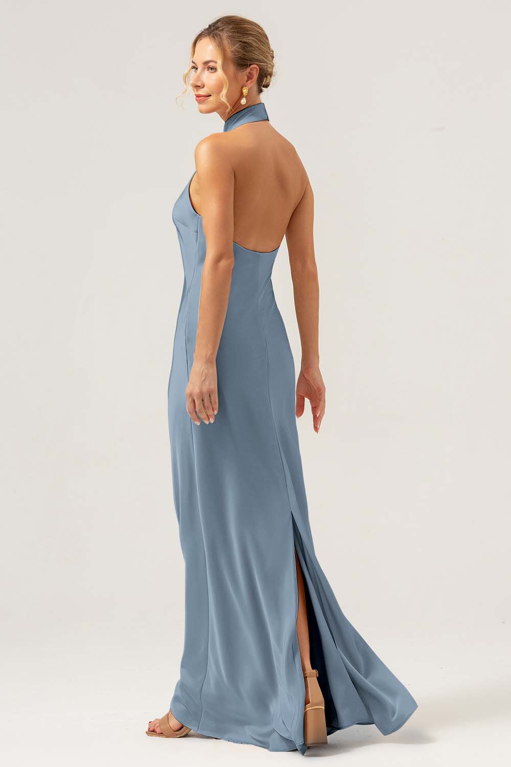 Dusty Blue Halter Long Bridesmaid Dress with Back Slit