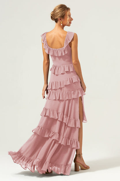 Burgundy A-Line Ruffleed Chiffon Long Bridesmaid Dress with Slit