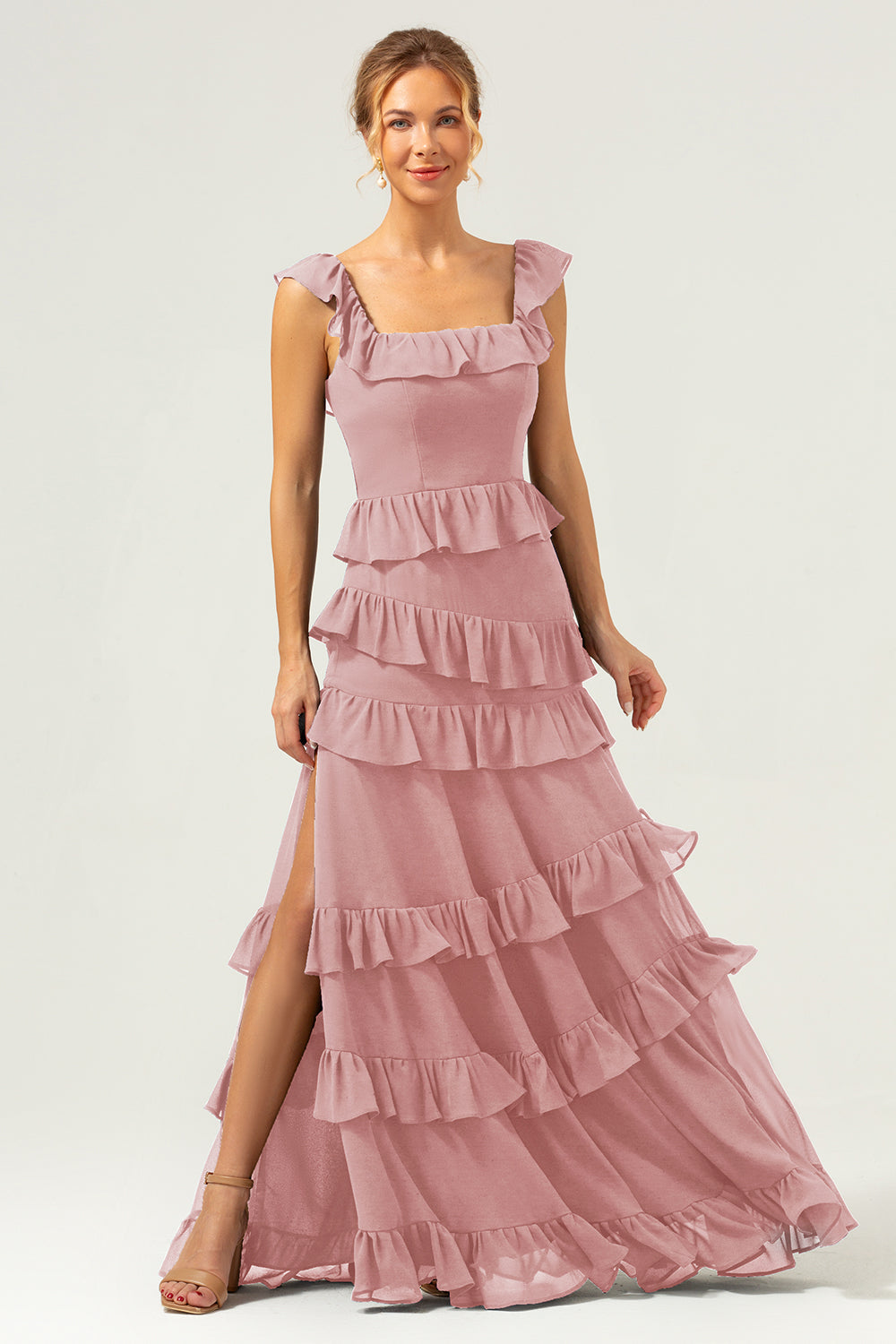 Burgundy A-Line Ruffleed Chiffon Long Bridesmaid Dress with Slit