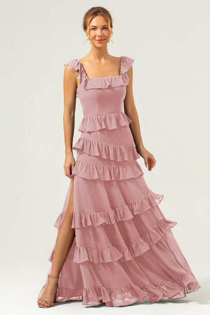 Burgundy A-Line Ruffleed Chiffon Long Bridesmaid Dress with Slit